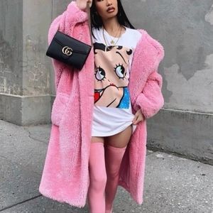Teddy Bear Faux Fur Coat - Pink - Size S/M